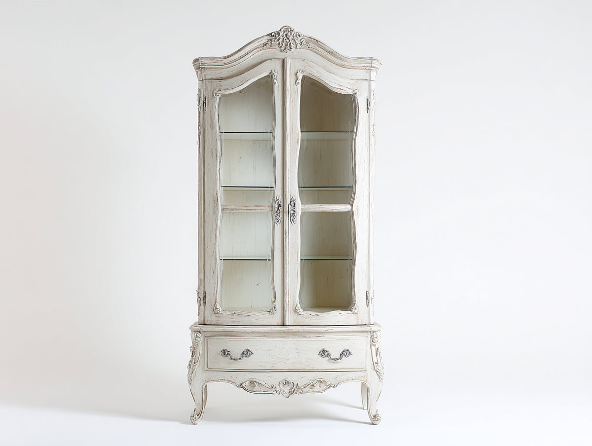 Vetrina - Legno-Vetro-Metallo - 90 x 42 x 185 cm - Bianco antico - Stile francese vintage