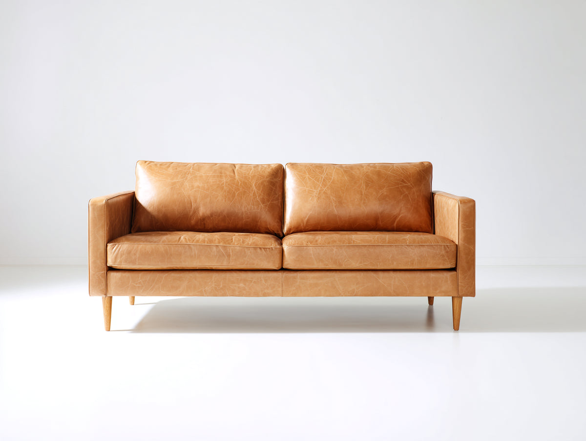 Divano lineare - Pelle-Legno - 198 x 87 x 79 cm - Cammello - Moderno