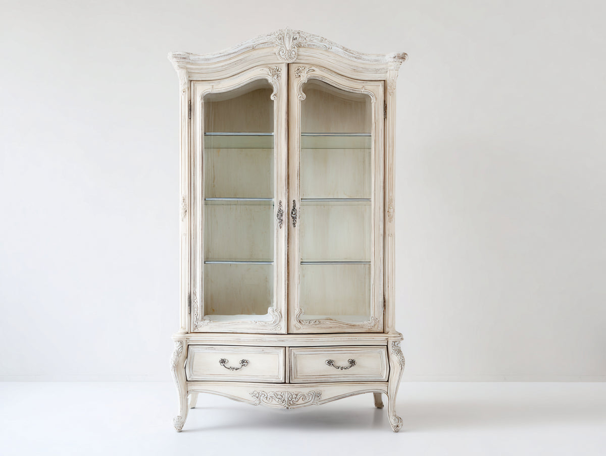 Vetrina - Legno-Vetro-Metallo - 100 x 45 x 190 cm - Bianco antico - Stile francese classico