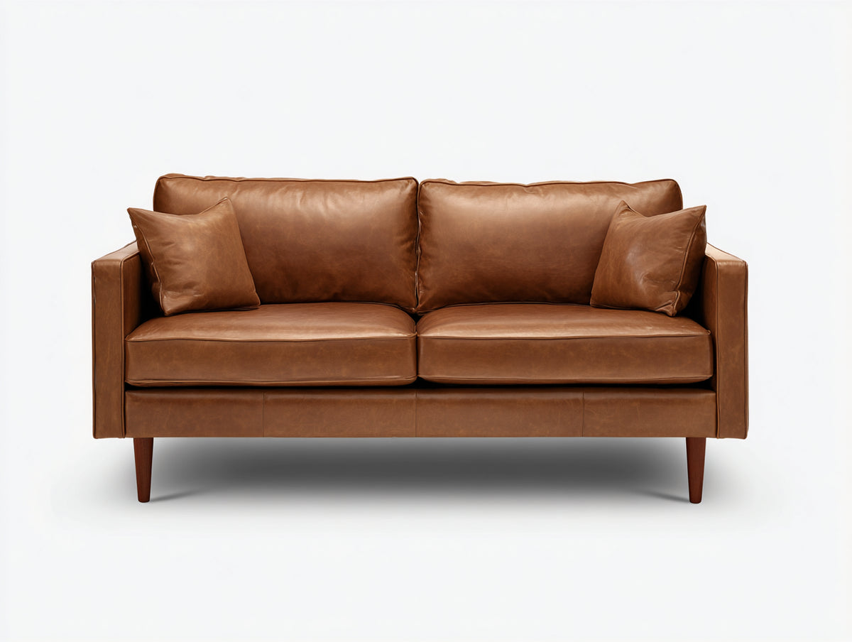 Divano lineare - Pelle-Legno - 196 x 89 x 84 cm - Marrone caramello - Moderno