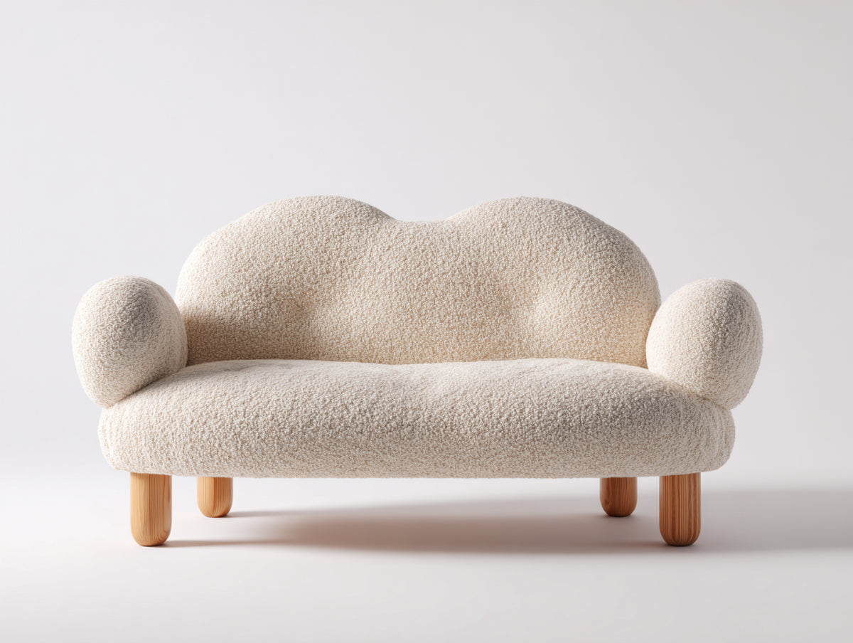 Divano lineare - Tessuto bouclé-Legno - 185 x 92 x 90 cm - Avorio - Organico