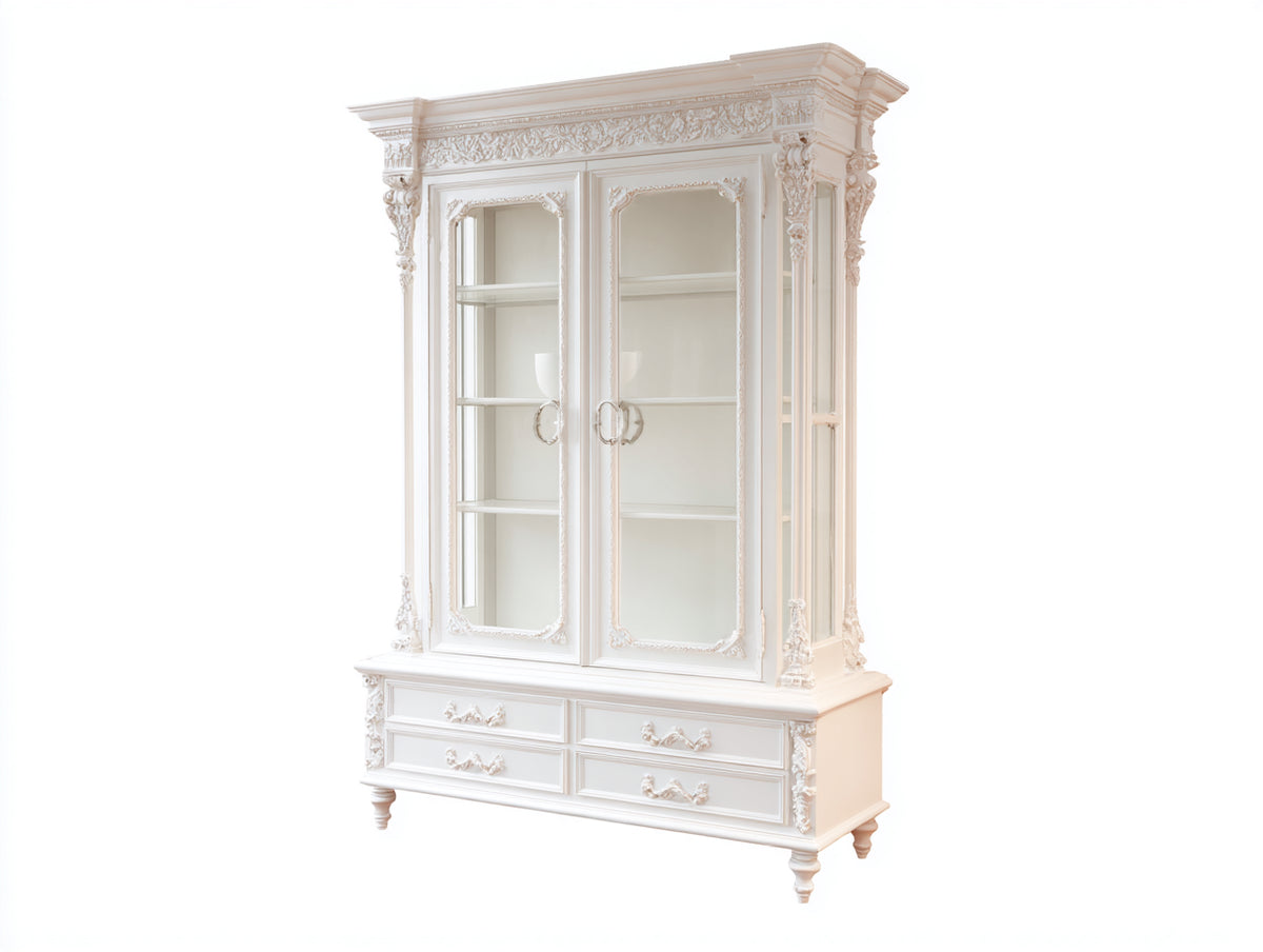 Vetrina - Legno-Vetro-Metallo - 115 x 48 x 200 cm - Avorio - Stile classico ornamentale