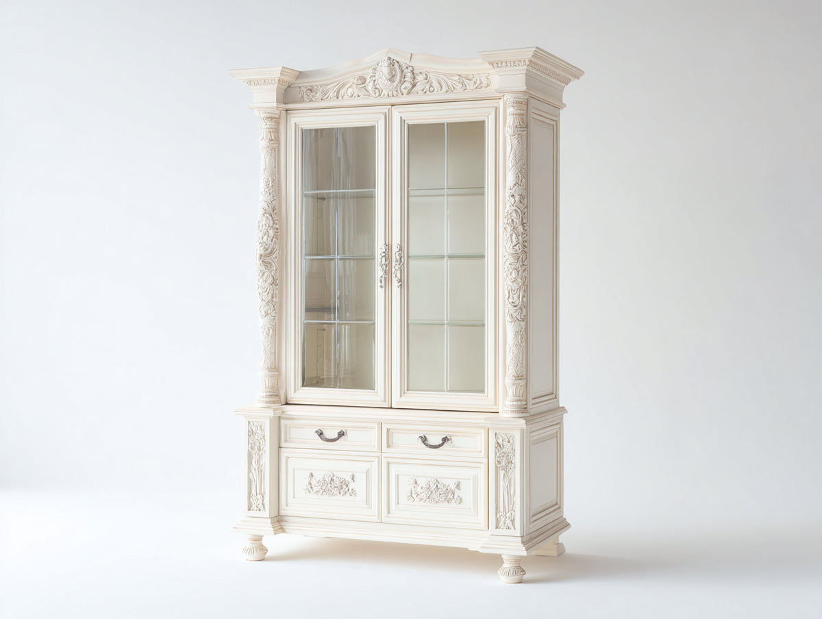 Vetrina - Legno-Vetro-Metallo - 110 x 45 x 195 cm - Avorio - Stile classico decorativo
