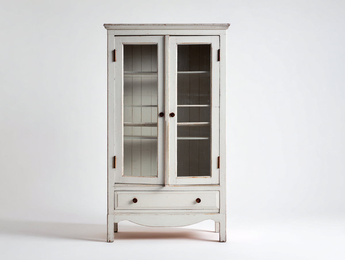Vetrina - Legno-Vetro-Metallo - 85 x 40 x 175 cm - Bianco antico - Stile rustico vintage