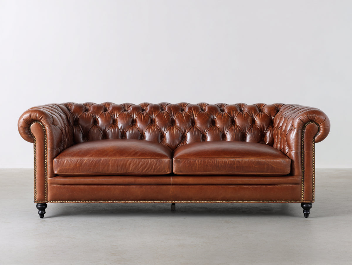 Divano lineare - Pelle-Legno-Metallo - 215 x 96 x 79 cm - Marrone cognac - Classico Chesterfield