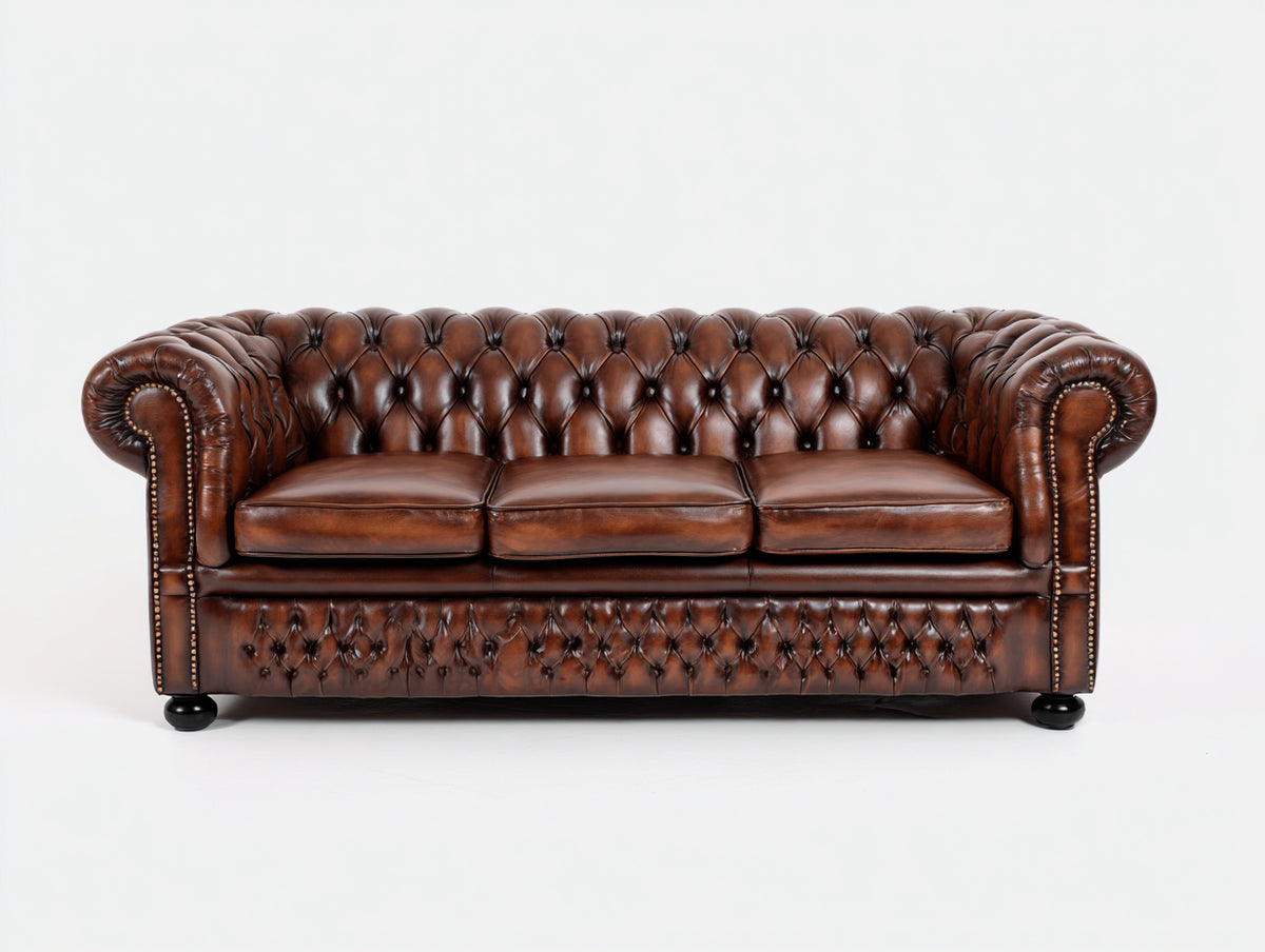 Divano lineare - Pelle-Legno-Metallo - 220 x 98 x 82 cm - Marrone scuro - Chesterfield classico