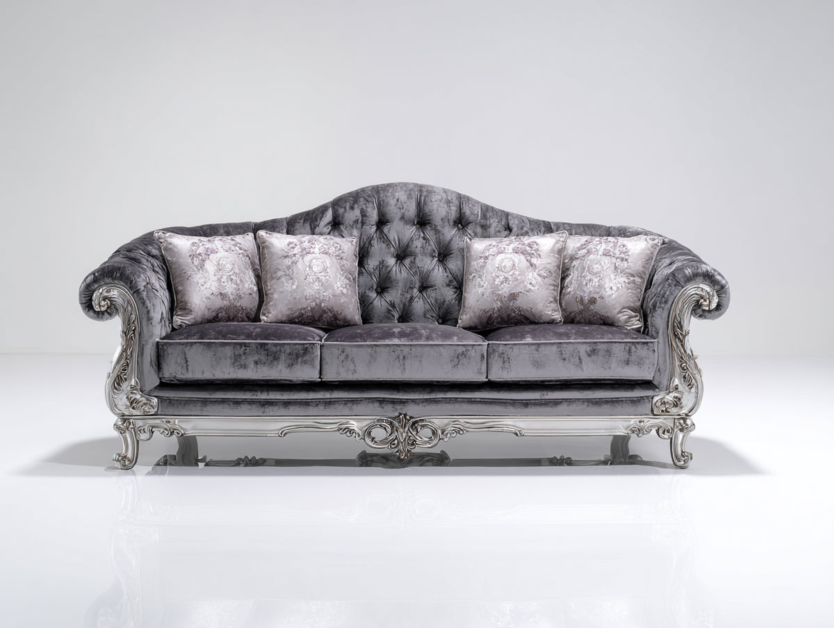 Divano lineare - Velluto-Legno - 235 x 95 x 105 cm - Grigio-Argento - Barocco